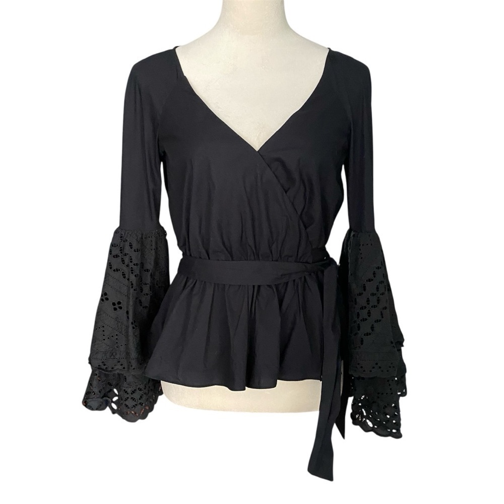 Rebecca Minkoff Melly Eyelet Bell Sleeve Top Black NWOT Goth Renaissance XXS
